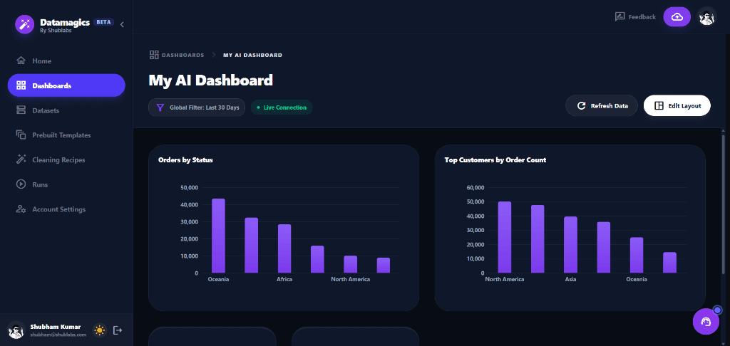 Datamagics web app showing AI-generated dashboards, sidebar navigation, and live data charts